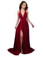 A-Line Halter Plunge V-Neckline Open Back Spandex Formal Dress Canada with Slit