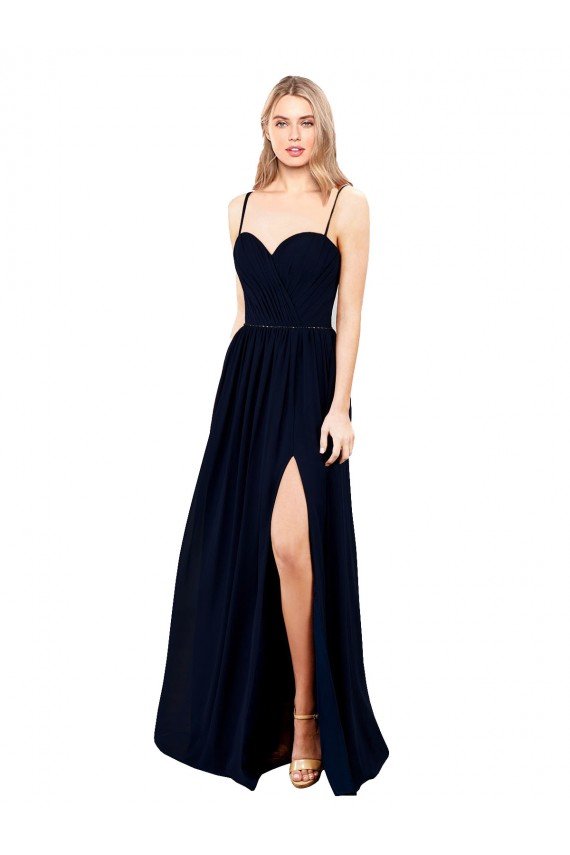 Draped A-Line Chiffon Formal Dress with Spaghetti Straps and High Slit