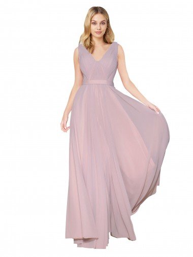 Draped V-Neck Long Chiffon Formal Dress with Shirred Bodice Canada