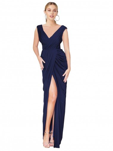 Draped V-Neck Long Chiffon Formal Dress with Front Slit Canada