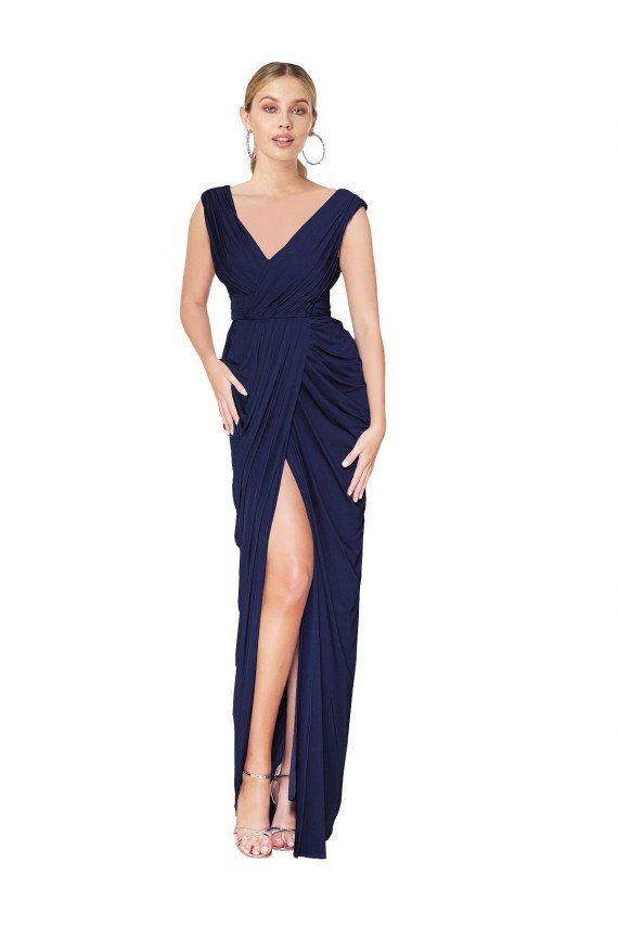 Draped V-Neck Long Chiffon Formal Dress with Front Slit