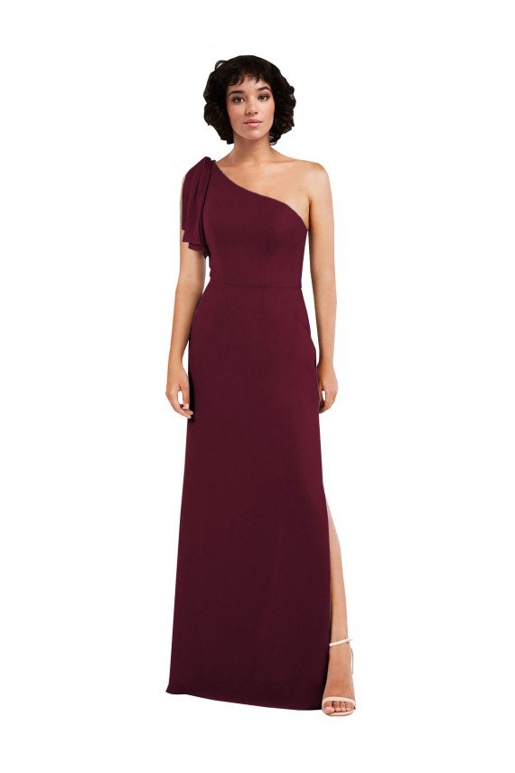 One Shoulder Chiffon Formal Dress with Skirt Slit and Accent Strap