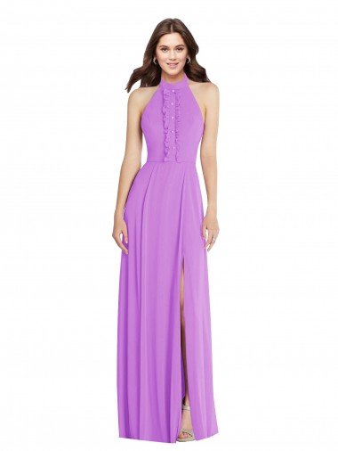 Halter Backless Maxi Formal Dress with Button Ruffle Placket Canada