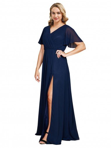 Chiffon V-Neck Short Sleeves Long Formal Dress with High Slit Canada