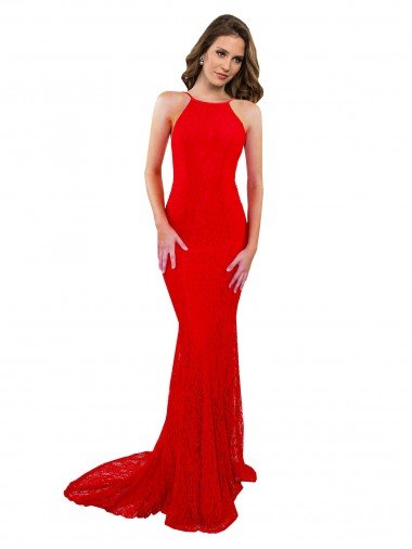 High Neck Long Lace Formal Dress with Open Back Straps Canada