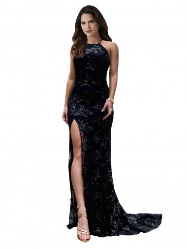 High Neckline Lace Open Back Formal Dress with High Slit Canada