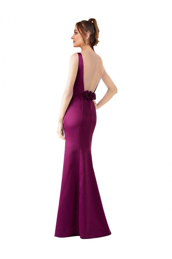Fitted Sexy Open Back Satin Formal Dress with Floral Details