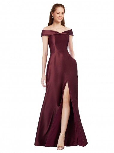 Long Off the Shoulder Satin Formal Dress with Thigh-high Slit Canada