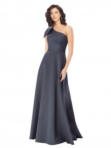 Rouched One Shoulder Floor Length Satin Formal Dress with Bow Canada