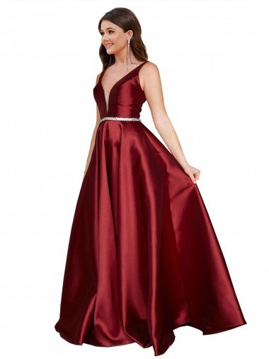 Sleeveless Deep V-Neck A-Line Satin Formal Dress with Pockets Canada