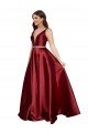 Sleeveless Deep V-Neck A-Line Satin Formal Dress with Pockets