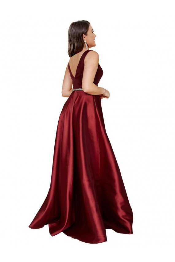 Sleeveless Deep V-Neck A-Line Satin Formal Dress with Pockets