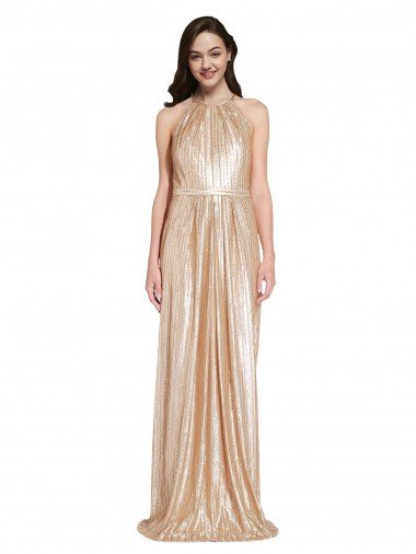 Floor Length Halter Neck Sparkling Sequin Formal Dress with Pleats Canada