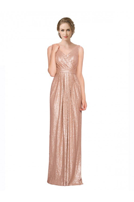 Draped V-Neck Striking Sheath Floor Length Sequin Formal Dress