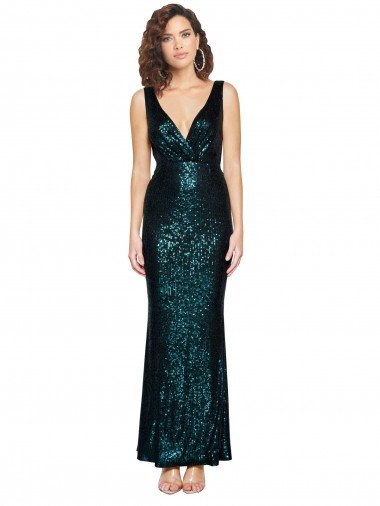 V-Neck Full Length Sequin Formal Dress with Draped Back Canada