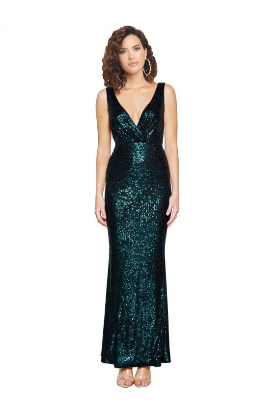 V-Neck Full Length Sequin Formal Dress with Draped Back