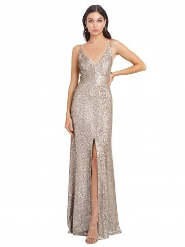 V-Neck Fully Sequin Formal Dress with V-Back and Front Slit Canada
