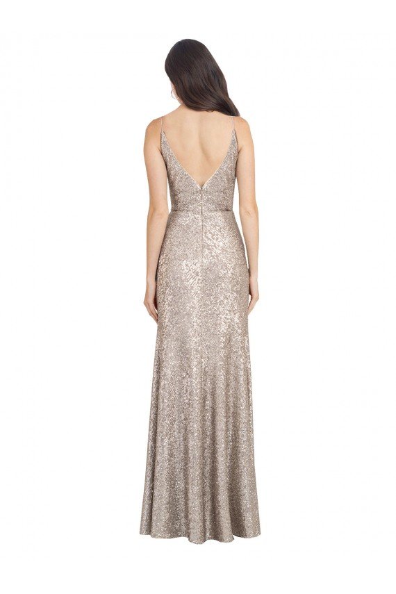 V-Neck Fully Sequin Formal Dress with V-Back and Front Slit