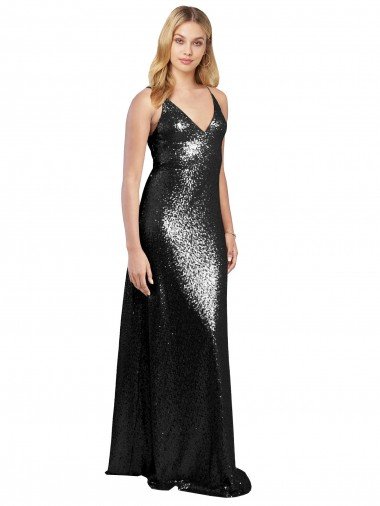 Full Length A-Line Sequin Formal Dress with Spaghetti Straps V-Neckline Canada
