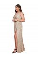 Deep V-Neck Sleeveless Sparkling Sequin Formal Dress with Draped Cowl Back