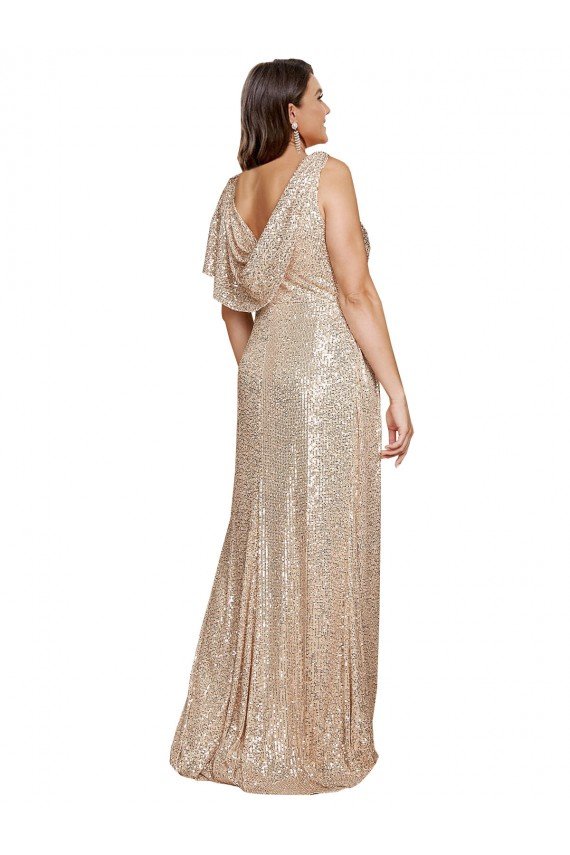 Deep V-Neck Sleeveless Sparkling Sequin Formal Dress with Draped Cowl Back