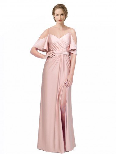 Draped Cold Shoulder Sleeves Long Silky Satin Formal Dress with Slit and Tie Back Canada
