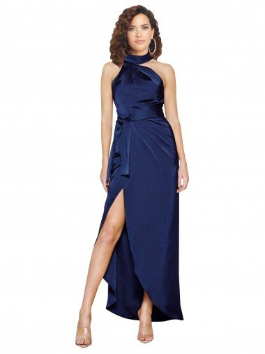 Full Length High Neck Wrap Silky Satin Formal Dress with Waist Tie Canada
