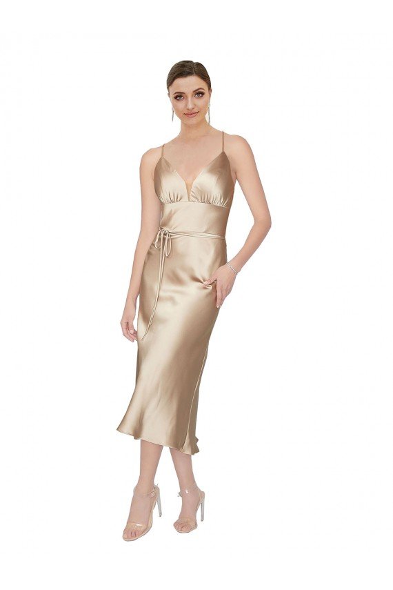 Empire Waist Silky Satin Midi Length Cocktail Formal Dress