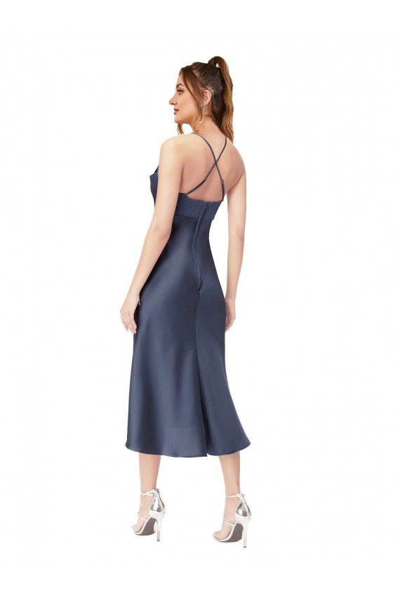 High Low Silky Satin Cowl Neck Midi Length Cocktail Formal Dress