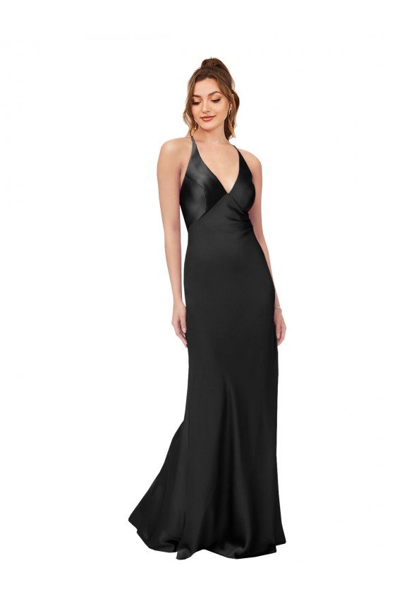 Cowl Back V-Neck Silky Satin Formal Dress