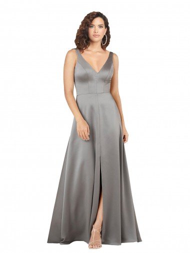 Plunging V-Neckline Long A-Line Silky Satin Formal Dress Canada