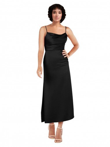 Cowl Neck Tea-Length Short Silky Satin Cocktail Formal Dress with Skirt Slit Canada