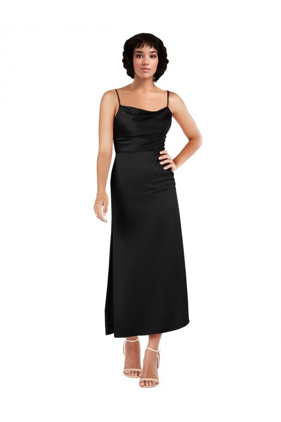 Cowl Neck Tea-Length Short Silky Satin Cocktail Formal Dress with Skirt Slit