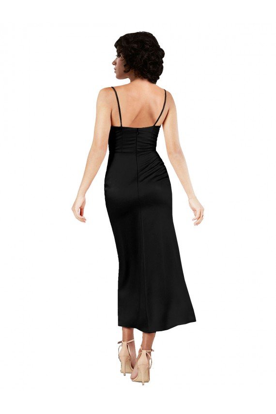 Cowl Neck Tea-Length Short Silky Satin Cocktail Formal Dress with Skirt Slit