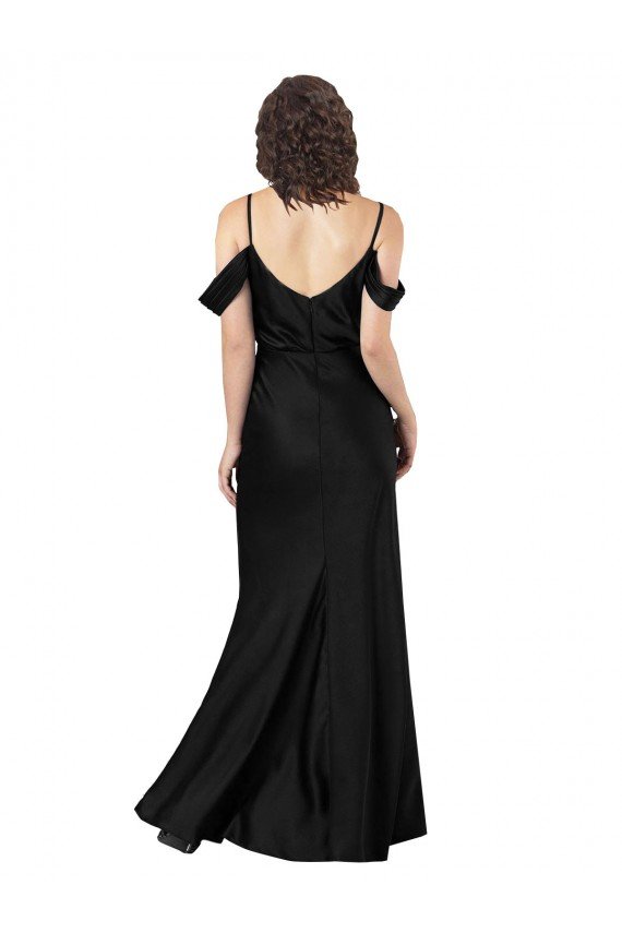 Off the Shoulder Sleeves Silky Satin Formal Dress with Skirt Slit
