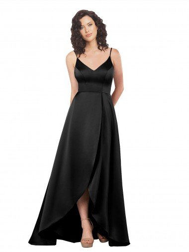 High Low V-Neckline Silky Satin Tulip Formal Dress with Wrap Skirt Canada