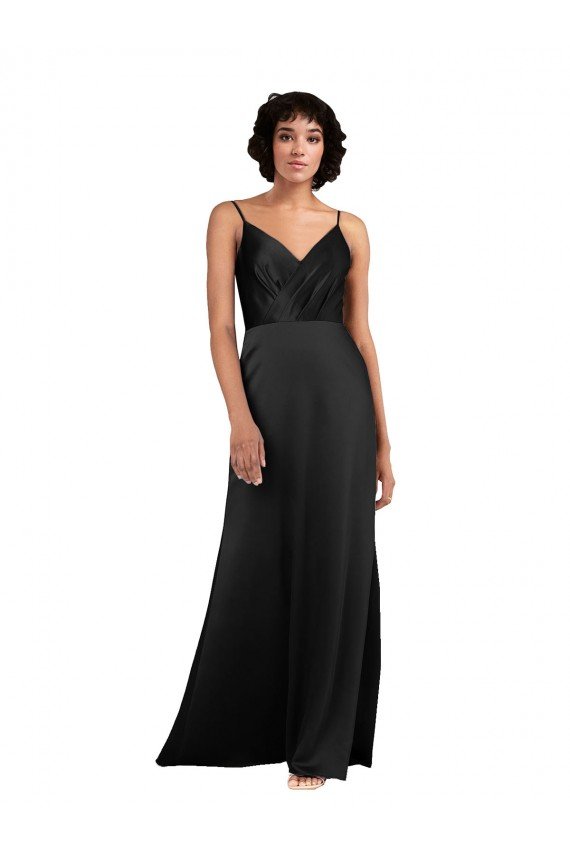Full Length V-Neckline Silky Satin Formal Dress with Spaghetti Straps