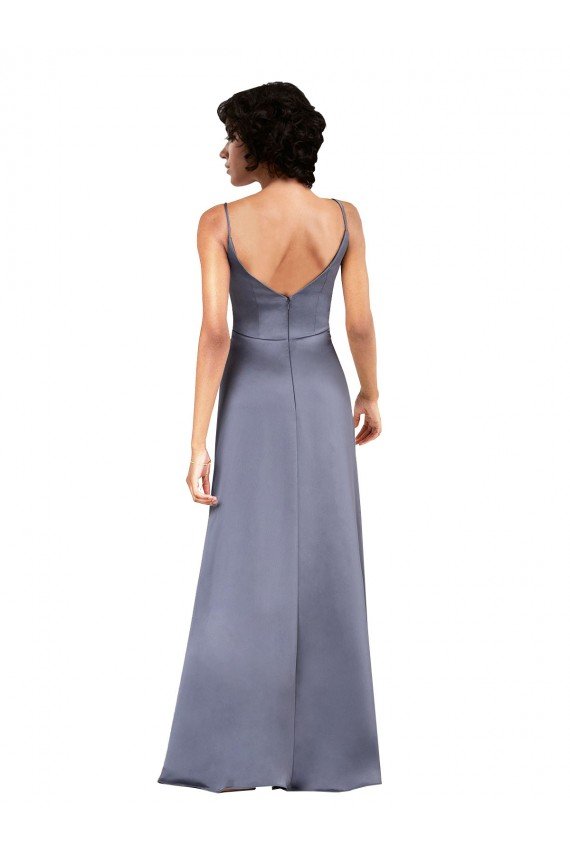 Full Length V-Neckline Silky Satin Formal Dress with Spaghetti Straps