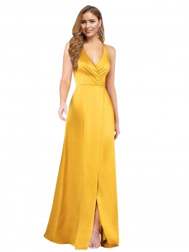 Halter A-Line Silky Satin Formal Dress with V-Neckline and Slit Canada
