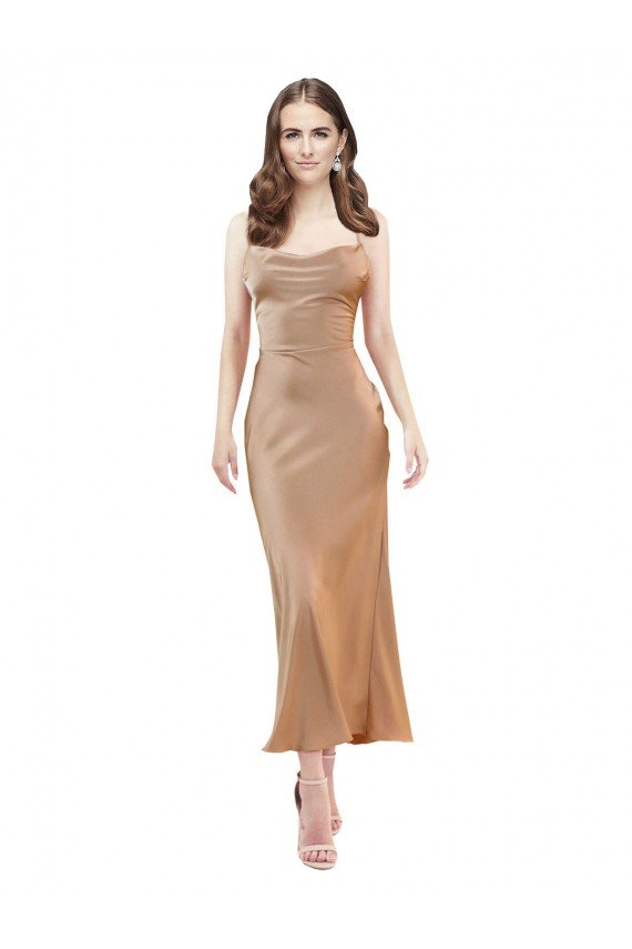 Cowl Neck Silky Satin Midi Length Cocktail Formal Dress Low Back