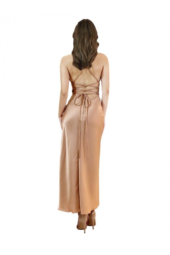 Cowl Neck Silky Satin Midi Length Cocktail Formal Dress Low Back