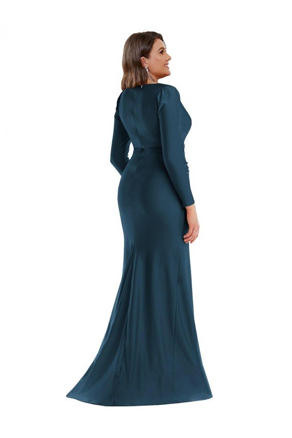 Long Sleeves Draped Wrap Silky Satin Mermaid Formal Dress with Front Slit