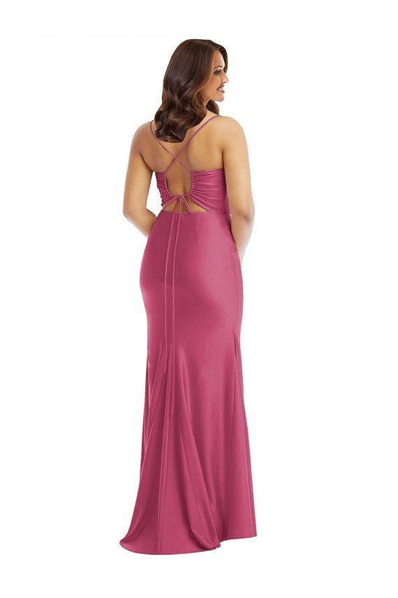Cowl-Neck Open Tie-Back Silky Satin Mermaid Formal Dress with Frong Slit