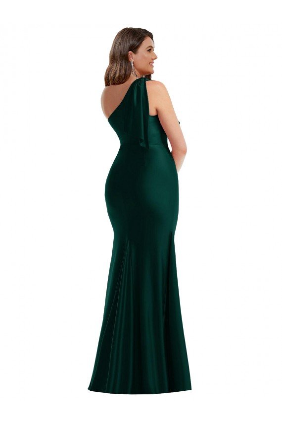 Cascading Bow One Shoulder Silky Satin Mermaid Formal Dress with Front Slit