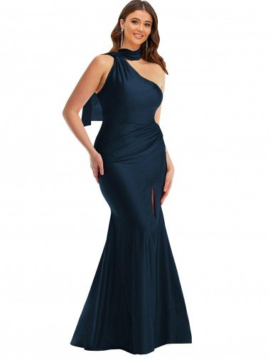 Scarf Neck One Shoulder Silky Satin Mermaid Formal Dress with Front Slit Canada