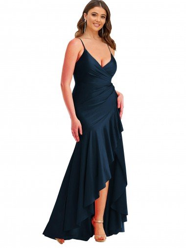 Pleated Wrap Ruffled High Low Silky Satin Formal Dress Canada