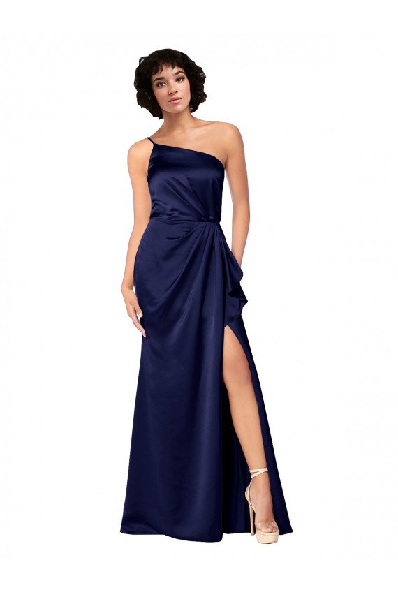 One Shoulder Silky Satin Formal Dress with Skirt Slit