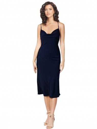Short Midi Length Silky Satin Cocktail Formal Dress with Cowl Neck and Cross Back Straps Canada