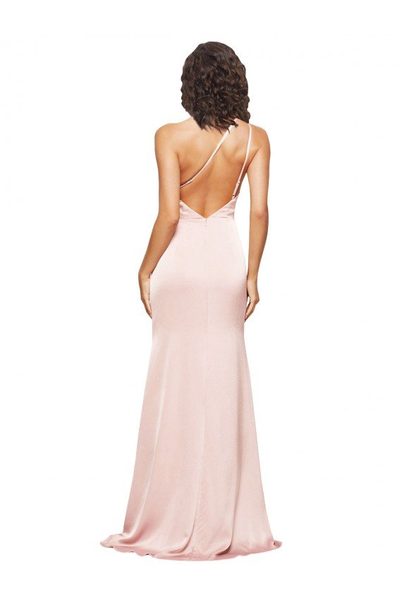 Full Length Ruched Silky Satin Formal Dress with Low Back and High Split