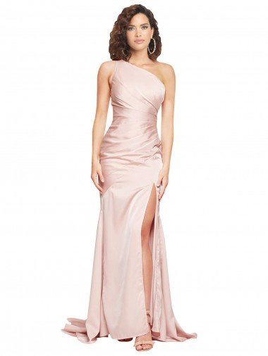 Full Length One Shoulder Long Silky Satin Formal Dress with High Split Canada